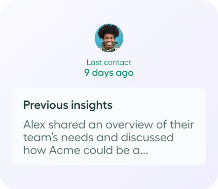 Profile image with text showing "Last contact: 9 days ago" and a message preview about needs and solutions. "See more" link at the bottom.