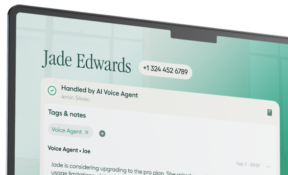 Close-up of a computer screen showing a contact page for "Jade Edwards" with a phone number and AI Voice Agent interaction details.