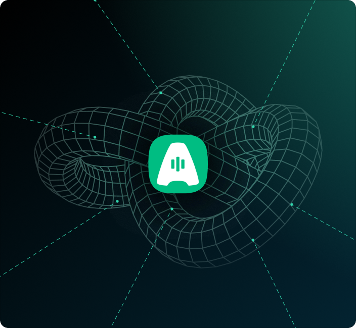 A wireframe torus knot with a green icon at the center, set against a dark gradient background with dotted lines.