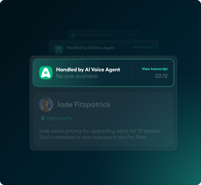 AI Voice Agent notification with "Handled by AI Voice Agent" text, showing no one available