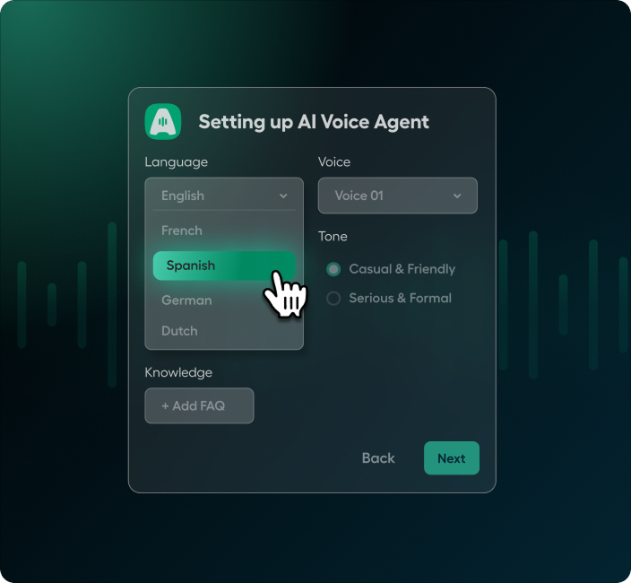 UI for setting up an AI voice agent, showing language selection with "Spanish" highlighted, and options for voice and tone.