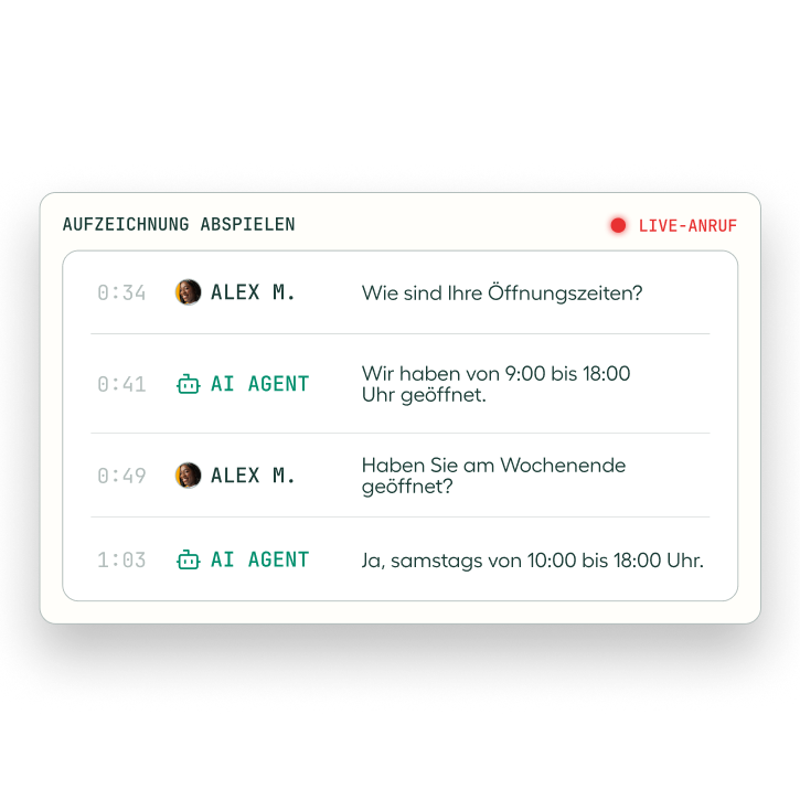 Chat log showing a conversation in German between "Alex M." and "AI Agent" discussing business hours for weekdays and weekends.