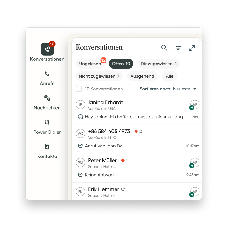 German-language messaging interface showing a list of conversations with notifications and contact details in a sidebar menu.