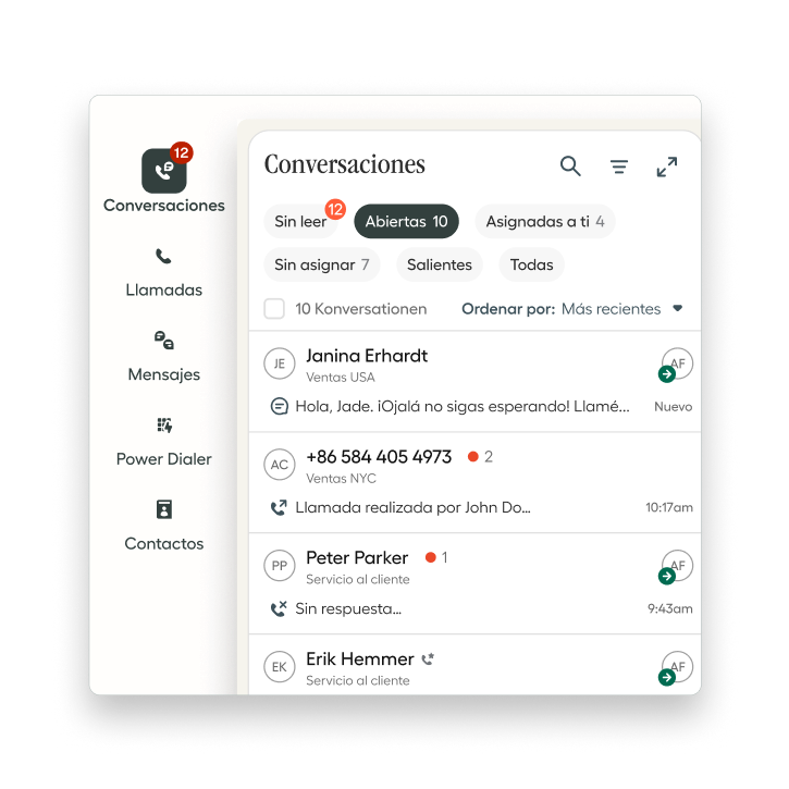 Messaging app interface showing a conversations list with unread message notifications and various contacts.