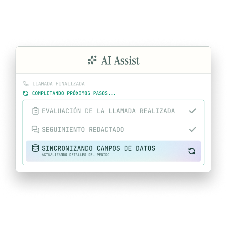 User interface titled "AI Assist" with three completed steps and one in progress, labeled "SINCRONIZANDO CAMPOS DE DATOS."