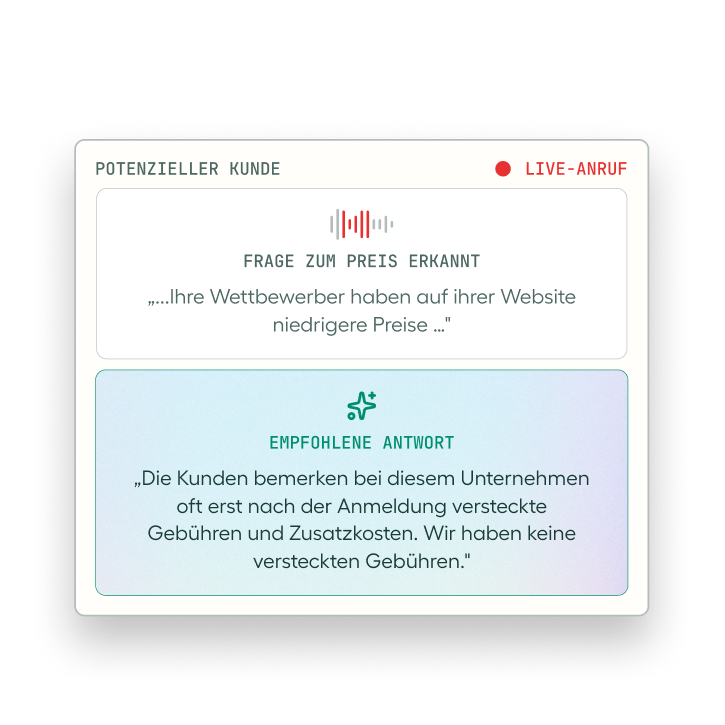 Interface showing a potential customer question about competitor pricing and a suggested response emphasizing no hidden fees.