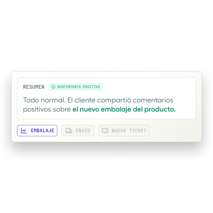 User interface showing positive sentiment analysis for product packaging feedback, with options for packaging, shipping, and new ticket actions.