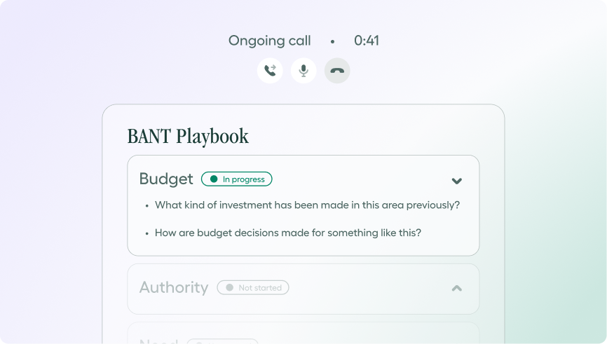 Screenshot of a call interface with the "BANT Playbook" open, showing questions under the "Budget" section. Timer shows 0:41.