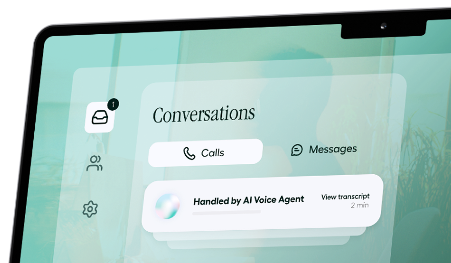 Tablet screen with "Conversations" showing options for Calls and Messages. "Handled by AI Voice Agent" message displayed below.