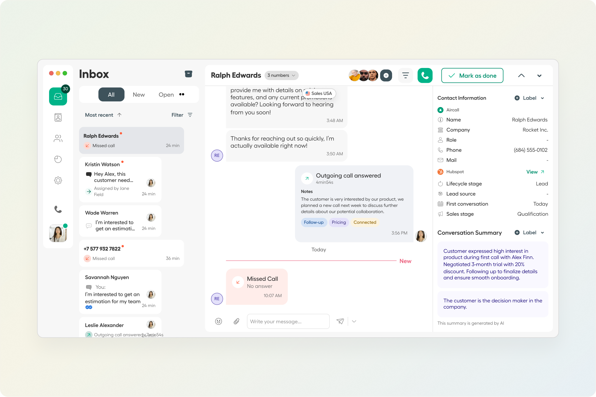 Threaded conversations in the Aircall Inbox