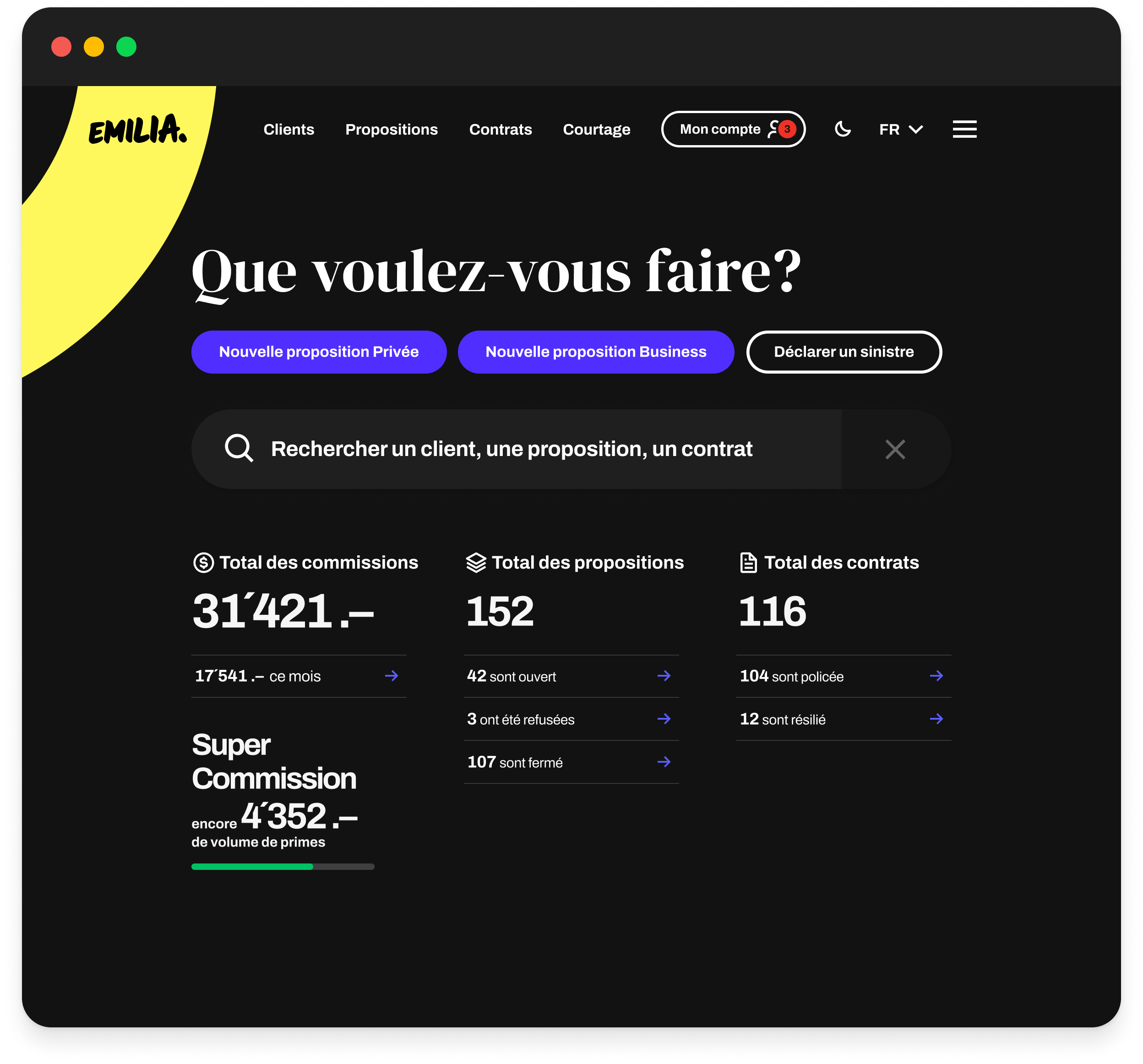 Capture d’écran du portail courtiers en mode sombre