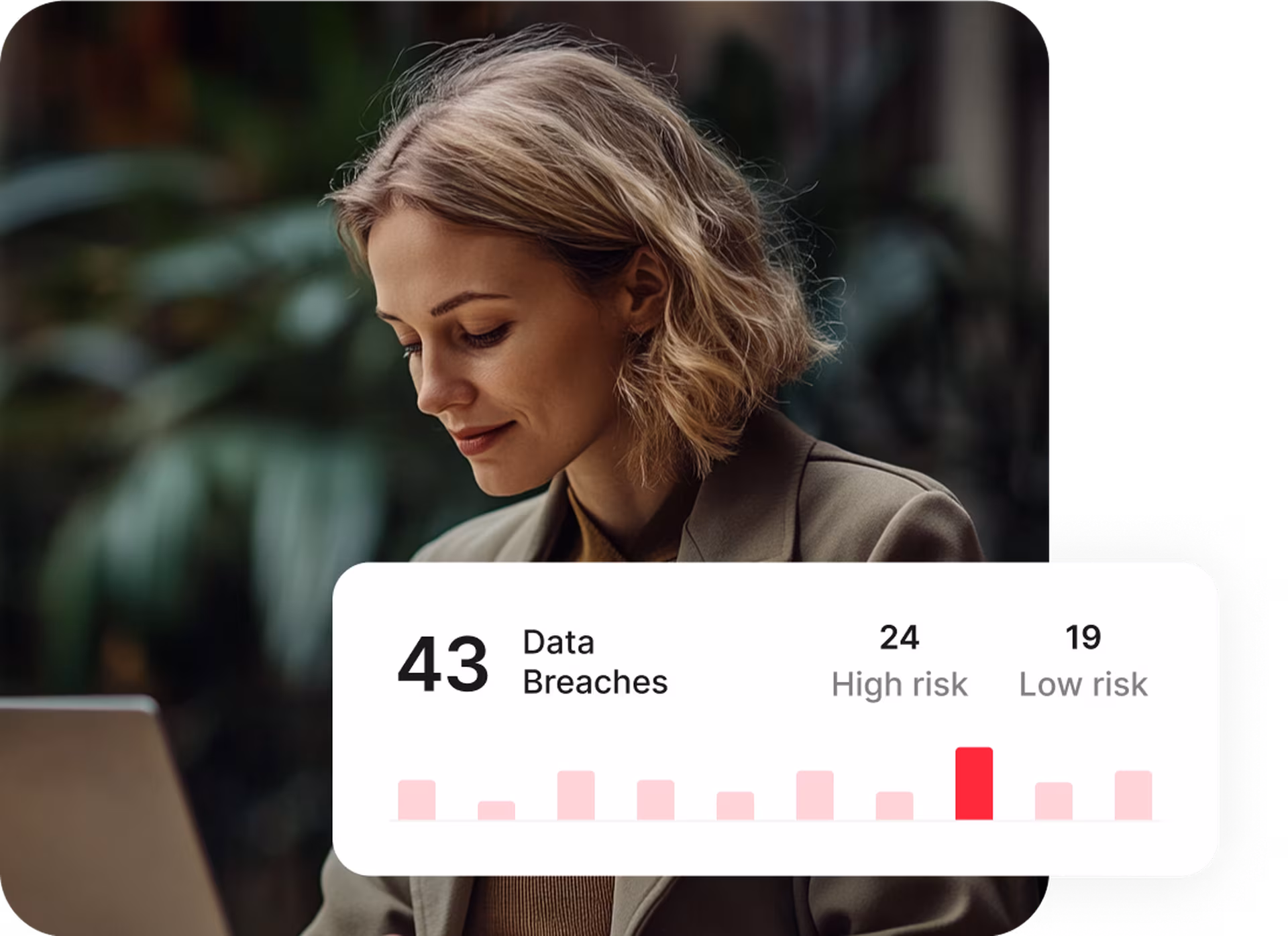 data breach dashboard fragment with women using computer in the background