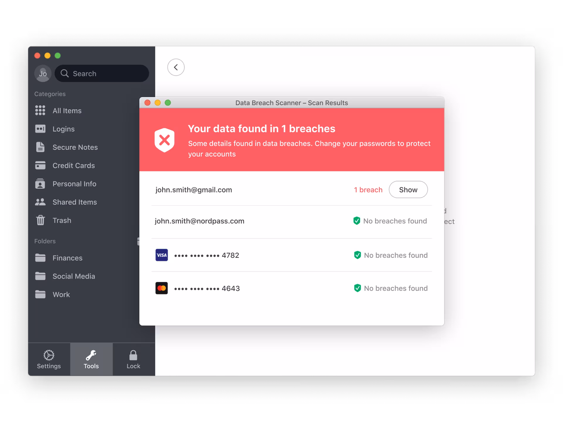 data breach scanner results displayed interface