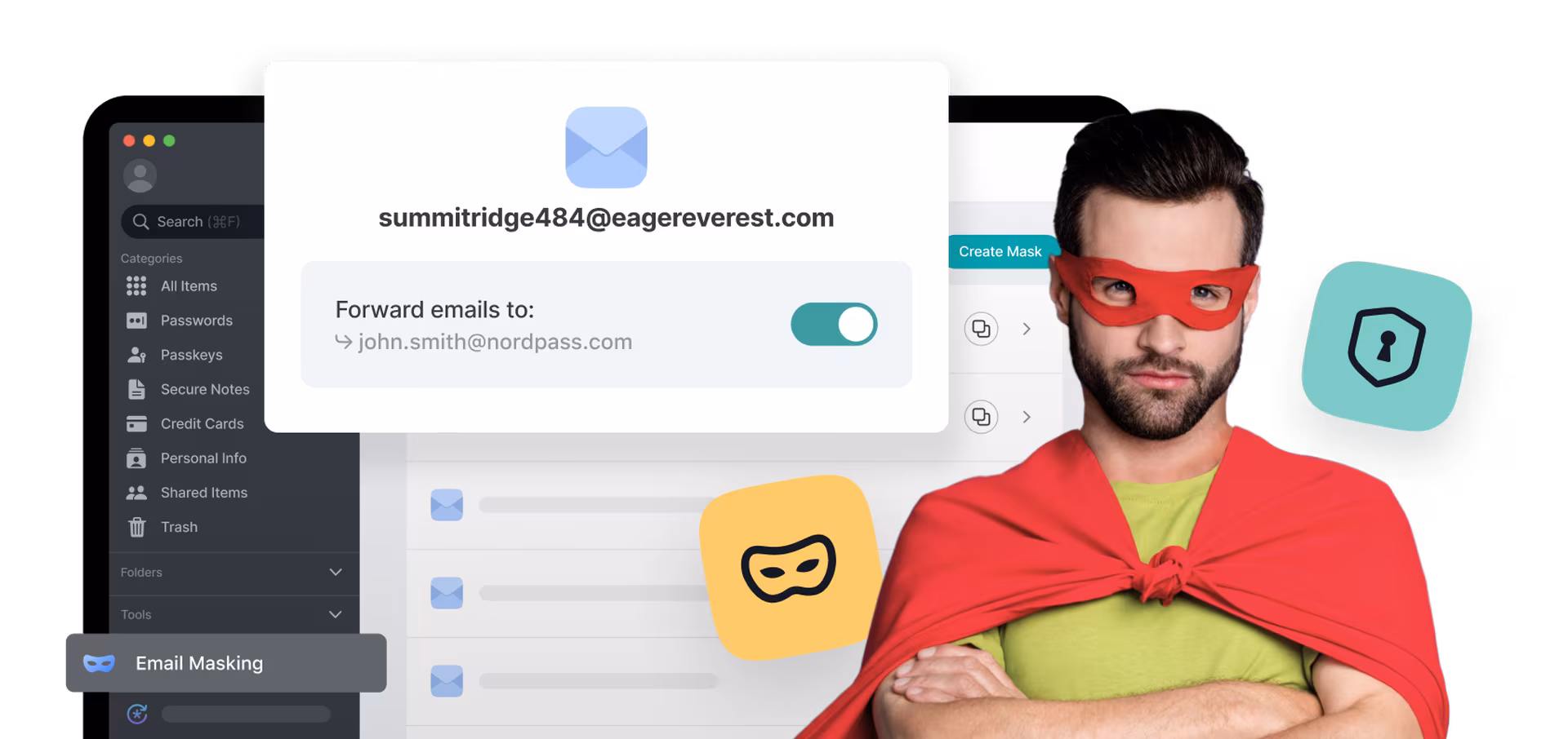 Email masking feature superhero in red cape