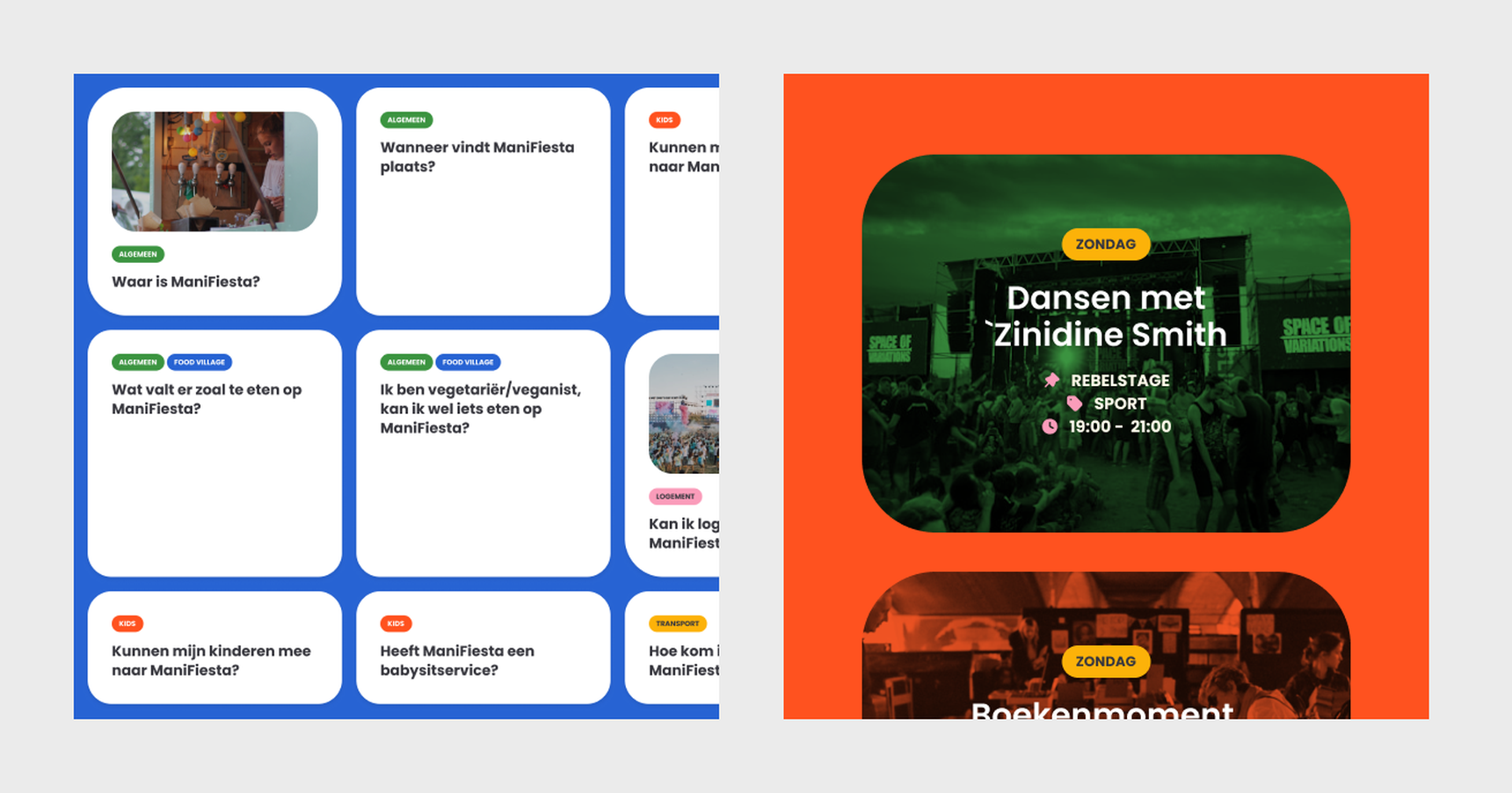 A split image: left shows a FAQ section with blue and white cards; right shows an event poster for "Dansen met 'Zindine Smith'" with a green background.