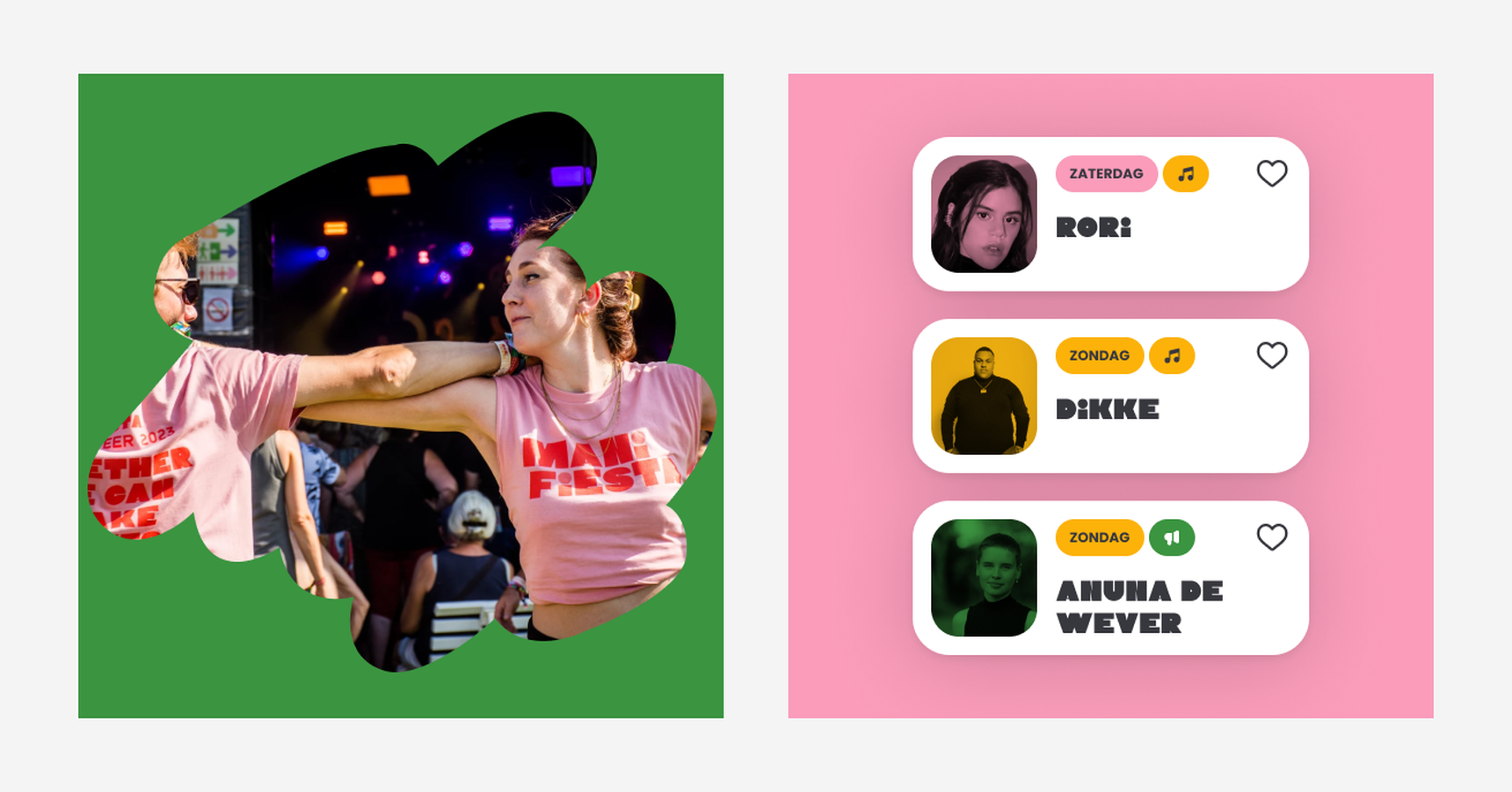 A person dancing energetically in a pink shirt on the left; music event lineup with three performers on the right against a pink background.
