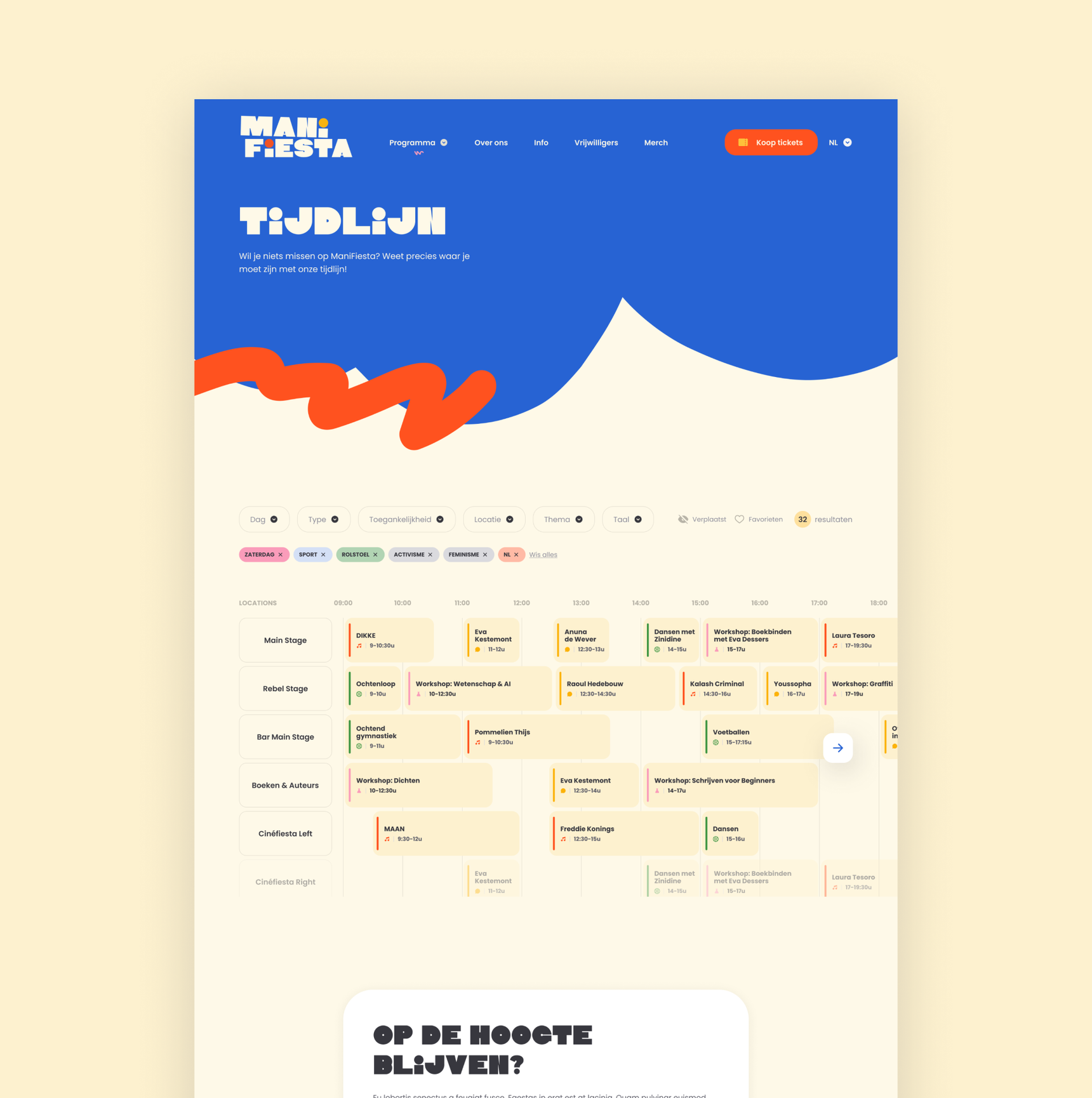 Colorful event timeline webpage with a blue abstract header, various event categories, and a schedule displayed in a grid format.