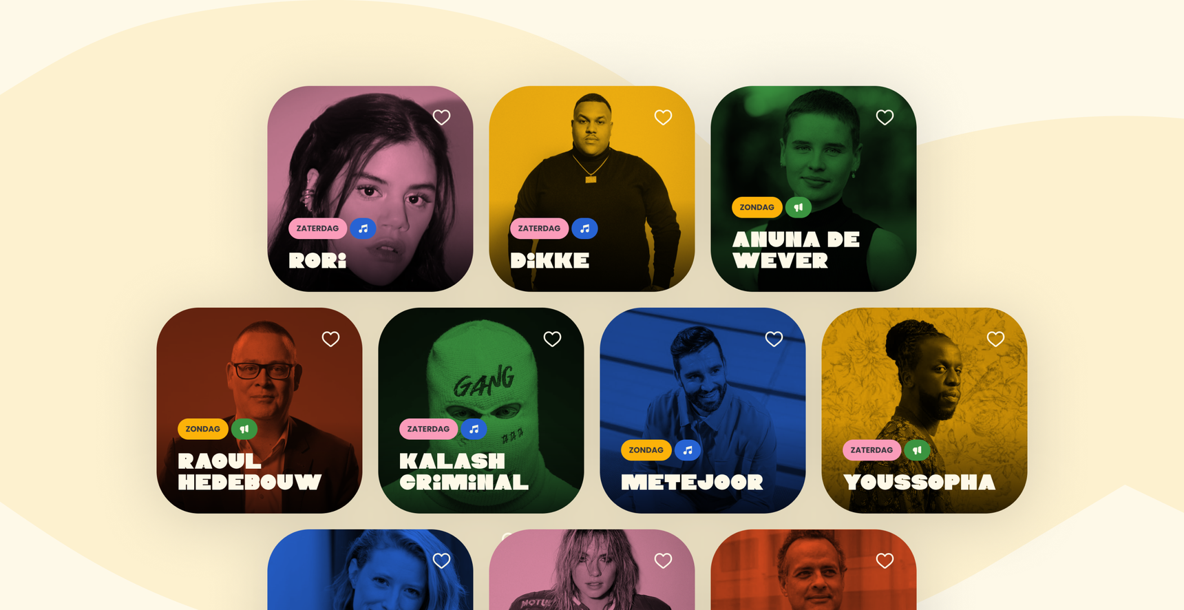 Grid of colorful squares featuring diverse individuals with names and icons, each square uniquely tinted and labeled with buttons.