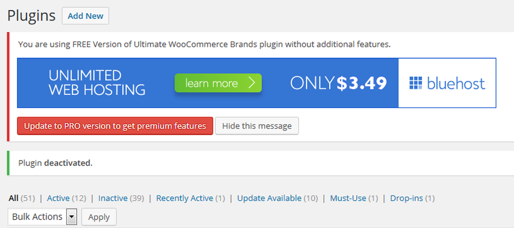 Wordpress admin panel showing banners