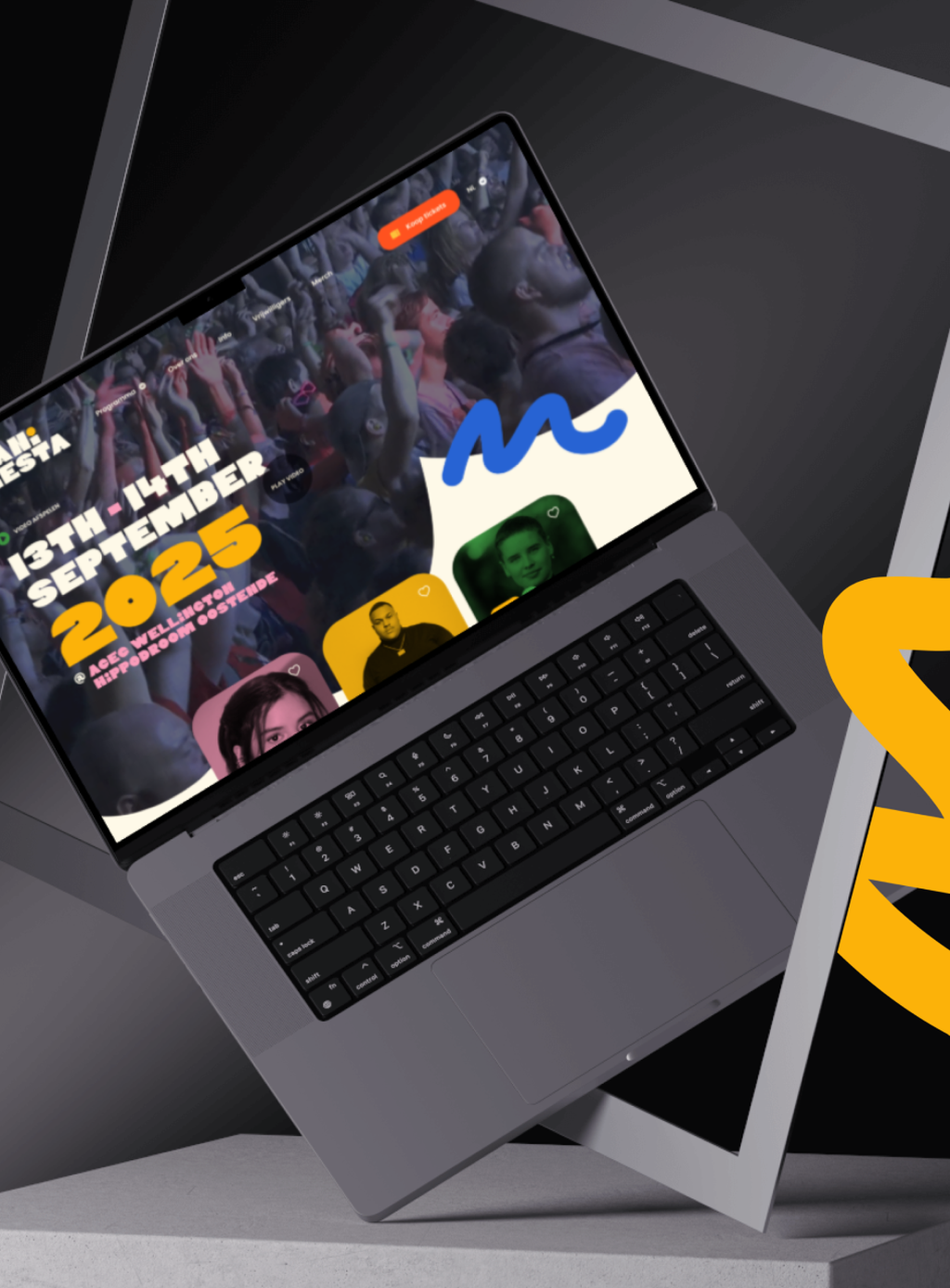 Laptop displaying a colorful event website for 13th-14th September 2025, featuring crowd images and speaker profiles, set against a geometric background.