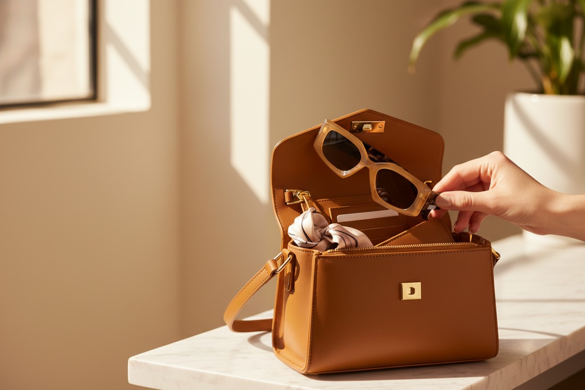 Ochelari de soare de dama NERV Zaha Tortoise cu protectie UV400, scosi dintr-o geanta din piele