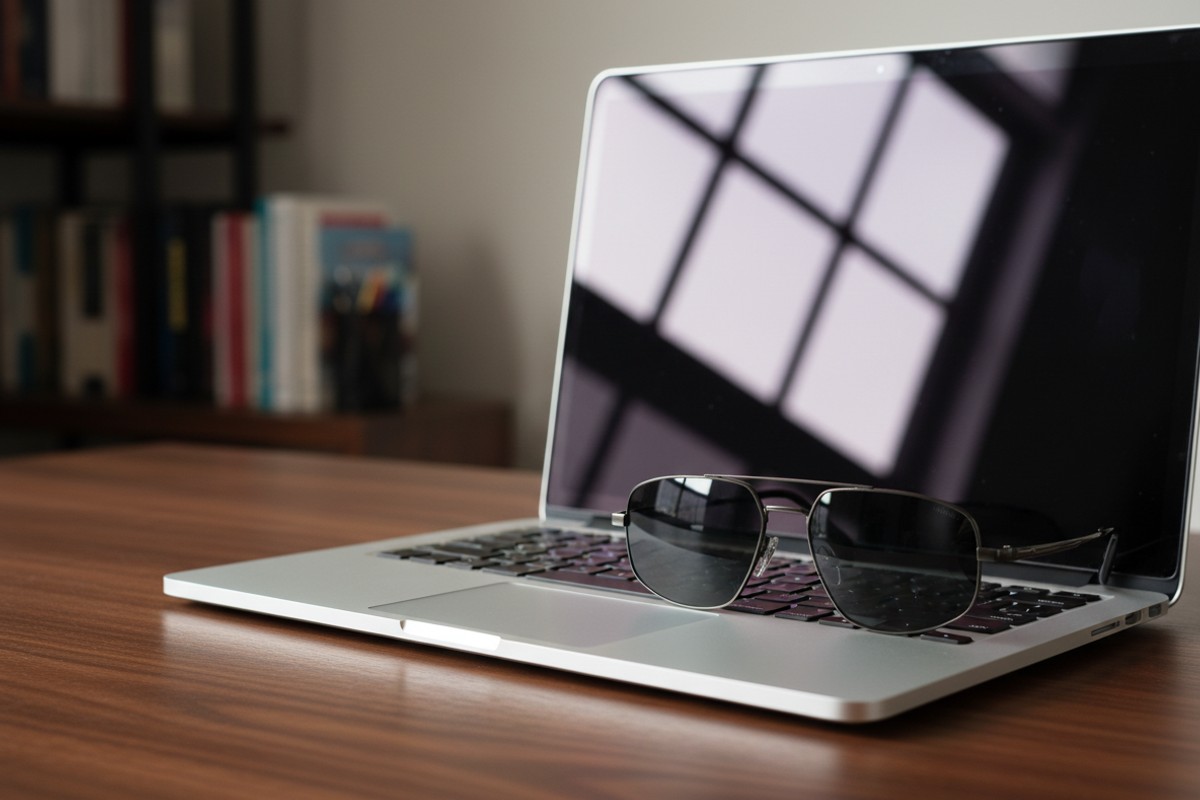 Ochelari de soare NERV Line Grey cu lentile polarizate, pe birou, eliminand reflexia de pe ecranul laptopului
