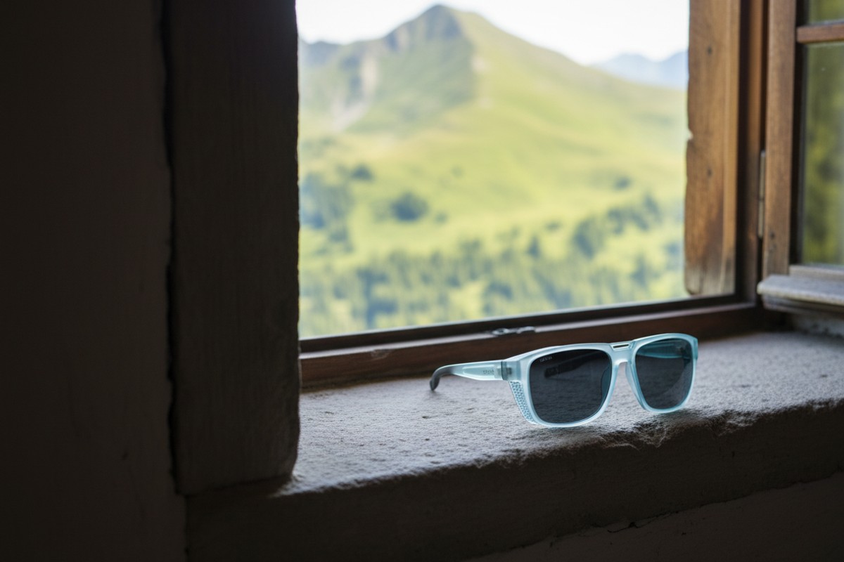Ochelari de soare NERV Ancor Grey cu protectie UV400, pe pervazul de piatra al unei cabane, cu peisajul montan insorit in fundal