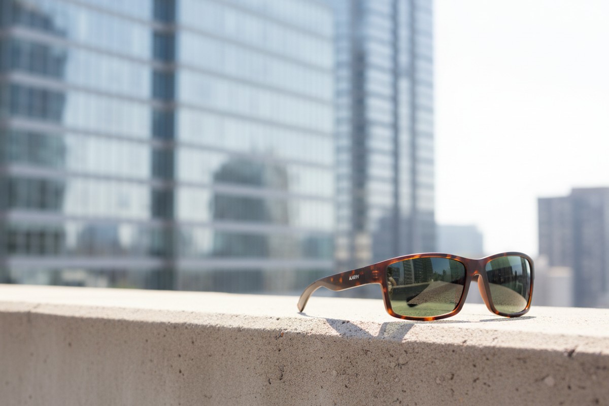 Ochelari de soare NERV Hook Tortoise cu protectie UV400, pe un parapet de beton in lumina puternica a orasului