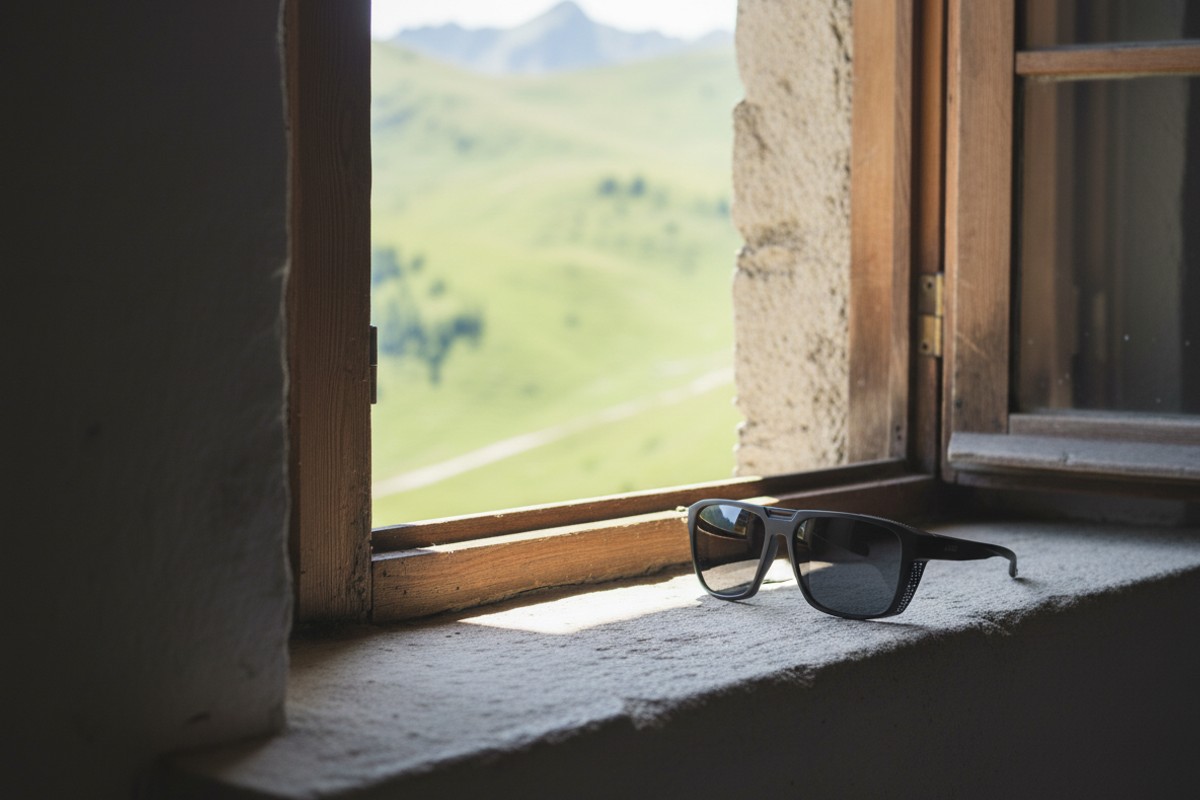 Ochelari de soare NERV Ancor Black cu protectie UV400, pe pervazul de piatra al unei cabane, cu peisajul montan insorit in fundal