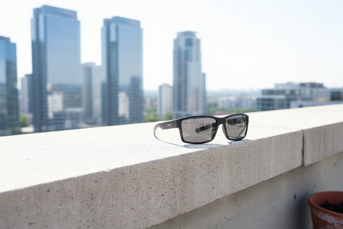 Ochelari de soare NERV Hook Black cu protectie UV400, pe un parapet de beton in lumina puternica a orasului