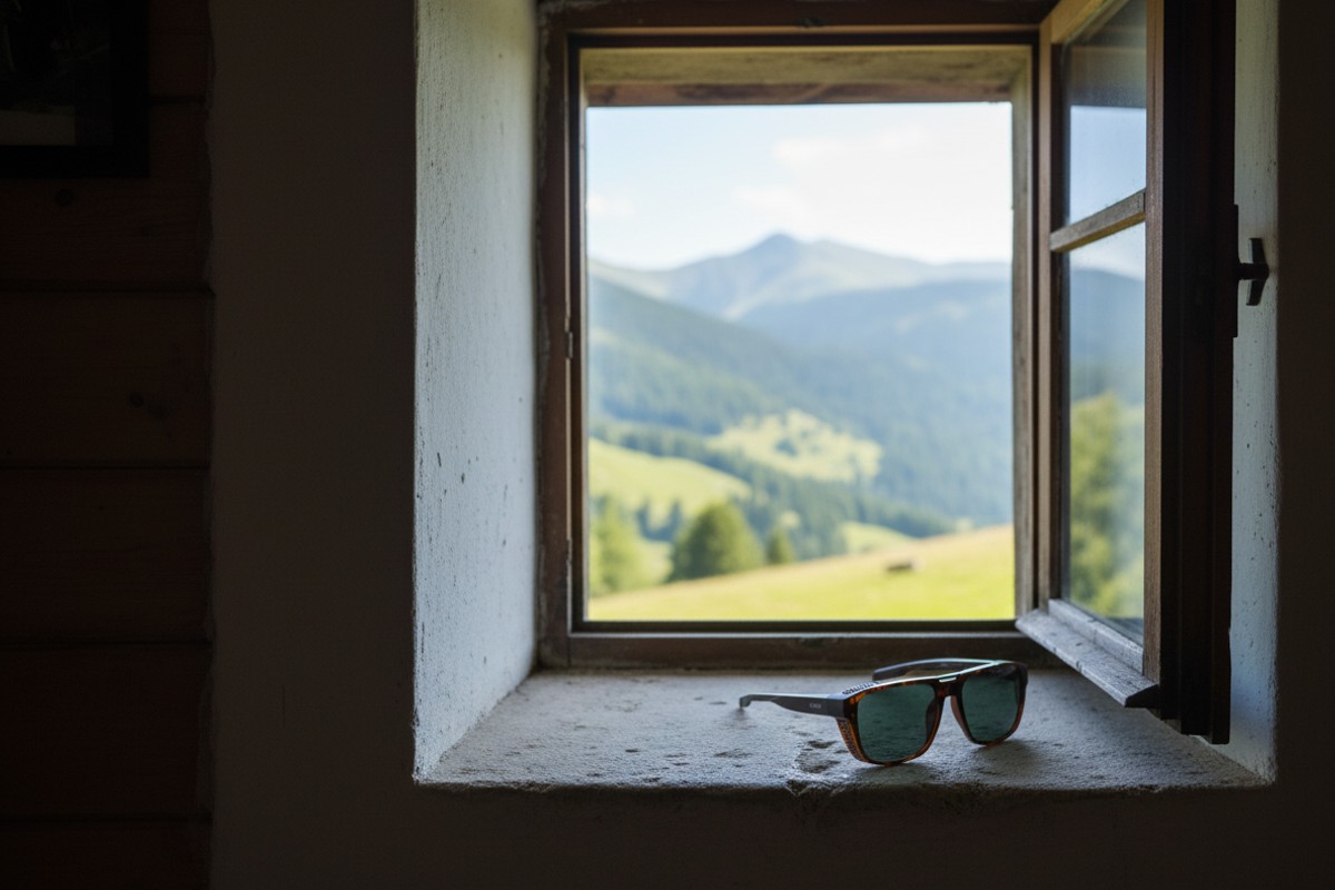 Ochelari de soare NERV Ancor Tortoise cu protectie UV400, pe pervazul de piatra al unei cabane, cu peisajul montan insorit in fundal