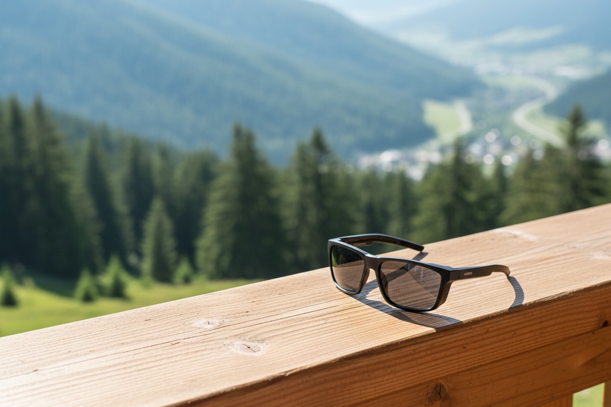 Ochelari de soare NERV Spin Black cu protectie UV400, pe balustrada de lemn a unei cabane de munte, in soare puternic