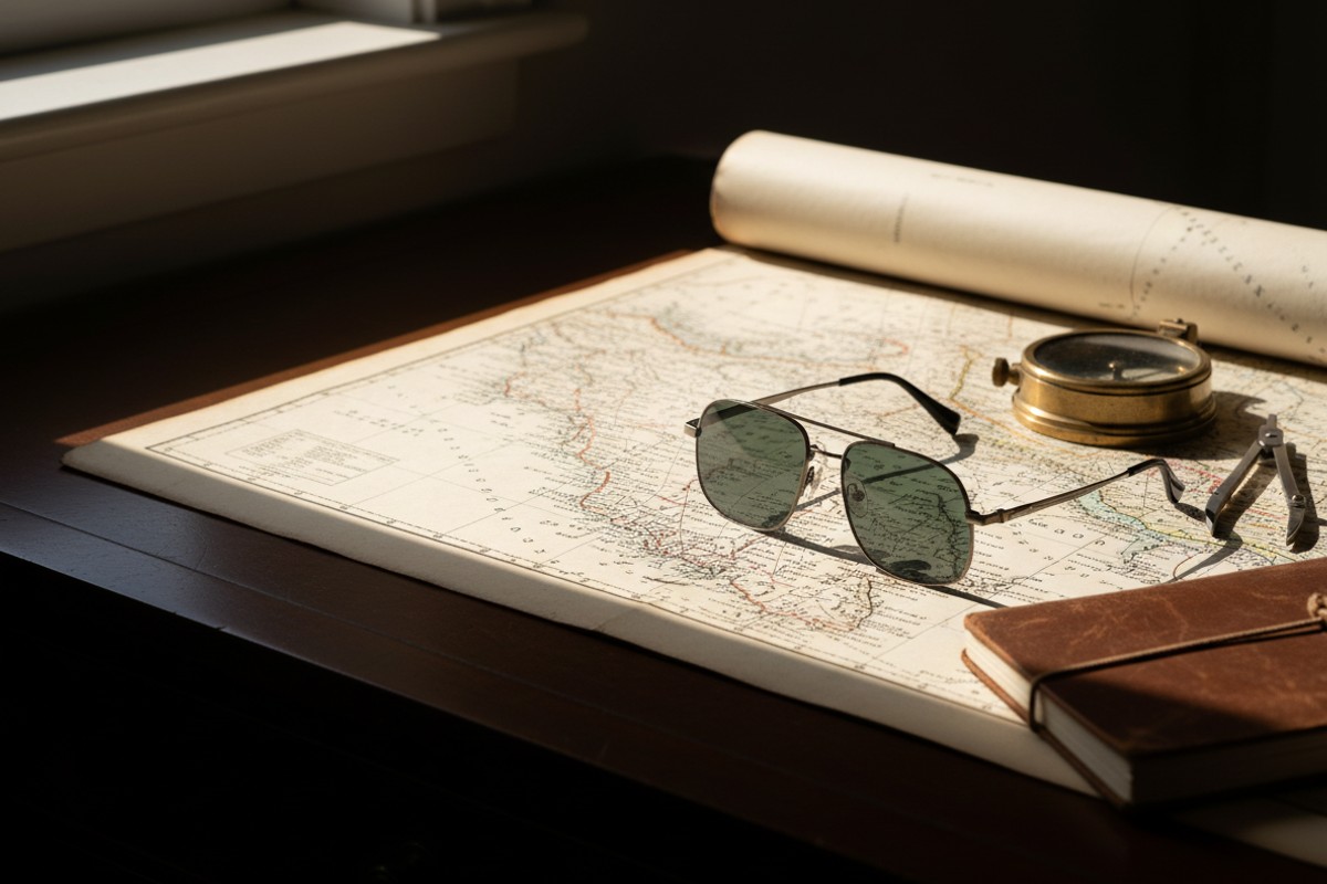 Ochelari de soare NERV Titan Gold cu protectie UV400, pe o harta de navigatie alaturi de o busola de alama