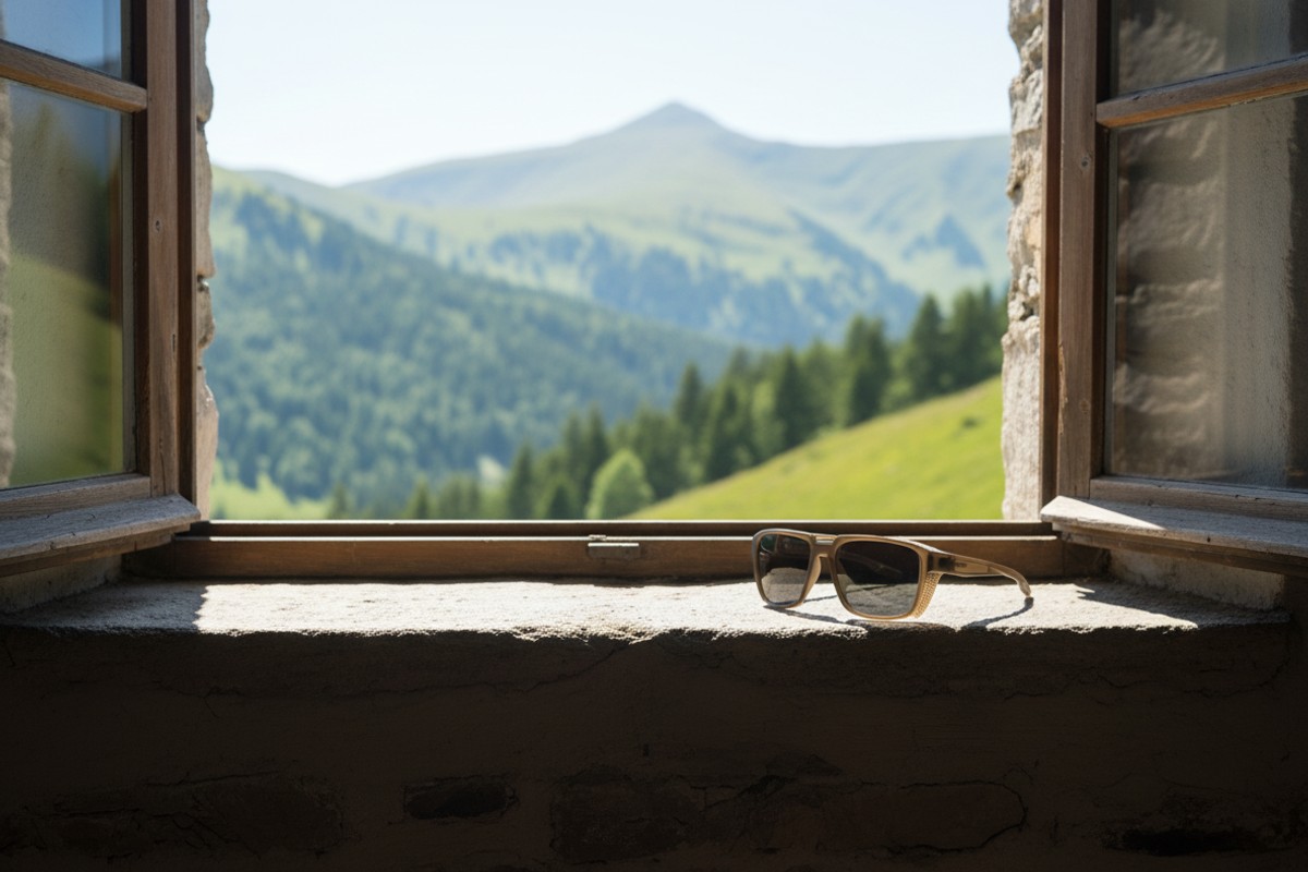 Ochelari de soare NERV Ancor Brown cu protectie UV400, pe pervazul de piatra al unei cabane, cu peisajul montan insorit in fundal