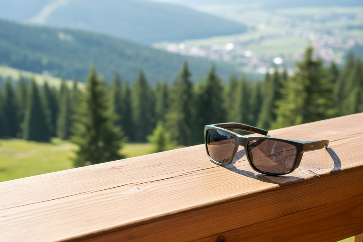 Ochelari de soare NERV Spin Khaki cu protectie UV400, pe balustrada de lemn a unei cabane de munte, in soare puternic