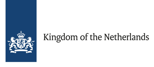 A blue stripe on the left side with two dragons holding a shield with a crown on top and a ribbon underneath, with the text 'Kingdom of the Netherlands' on the right