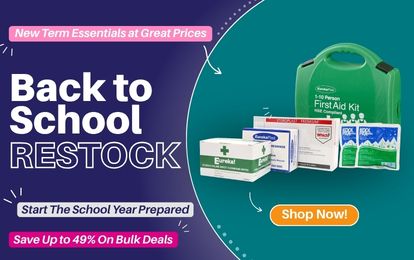 Back to School Restock ad featuring a first aid kit and boxes of medical supplies, offering bulk deals and discounts.