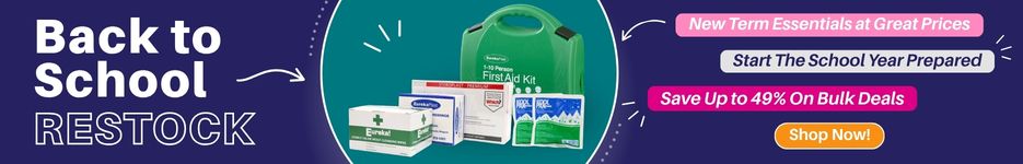 School restock banner with first aid kit and supplies, featuring sale offers and buttons to shop now and save up to 49% on bulk deals.