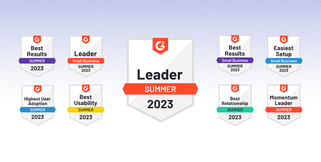 A sample of the badges that Pilot achieved for Summer 2023, with Leader Summer 2023 in the center, surrounded by Best Results, Leader for Small Businesses, Best Results for Small Businesses, Easiest Setup for Small Businesses, Highest User Adoption, Best Usability, Best Relationship, and Momentum Leader