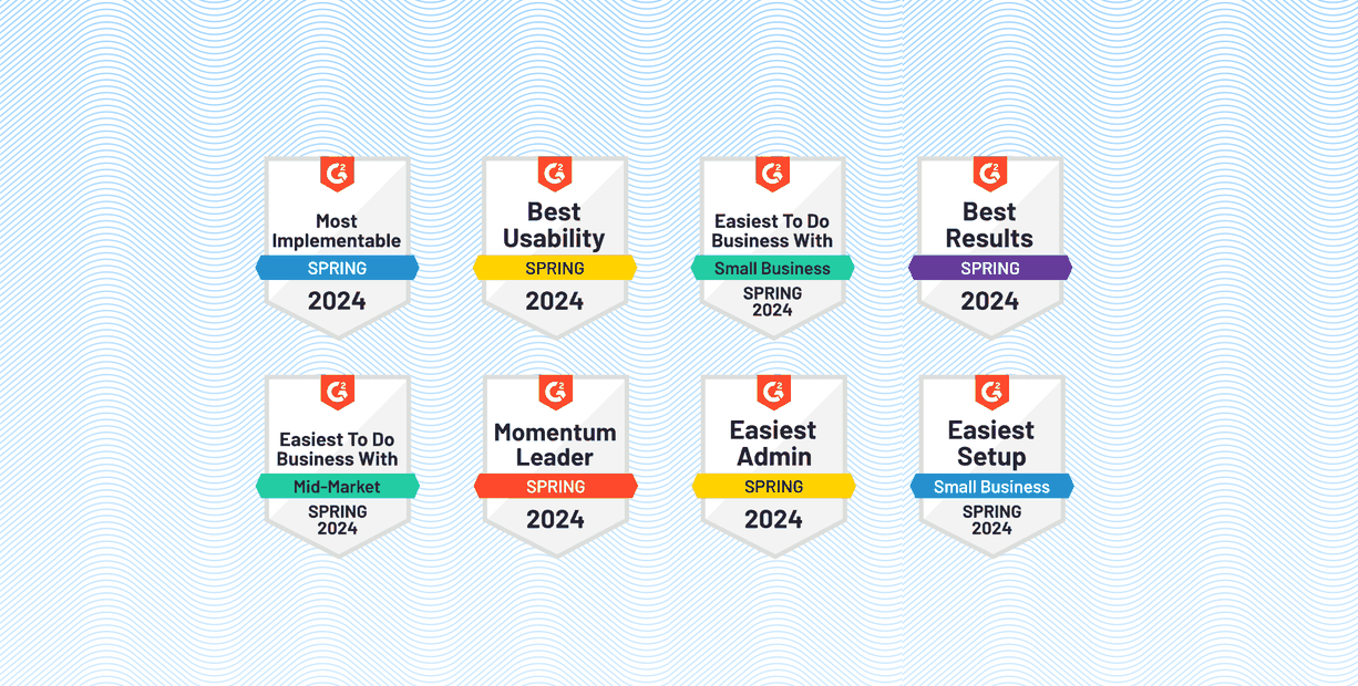 Eight badges are shown: The four on top are Most Implementable, Best Usability, Easiest To Do Business With for Small Businesses, and Best Results. Below them are Easiest To Do Business With for Mid-Market Businesses, Momentum Leader, Easiest Admin, and Easiest Setup for Small Businesses. The background is a patterned white with a swirly light blue.