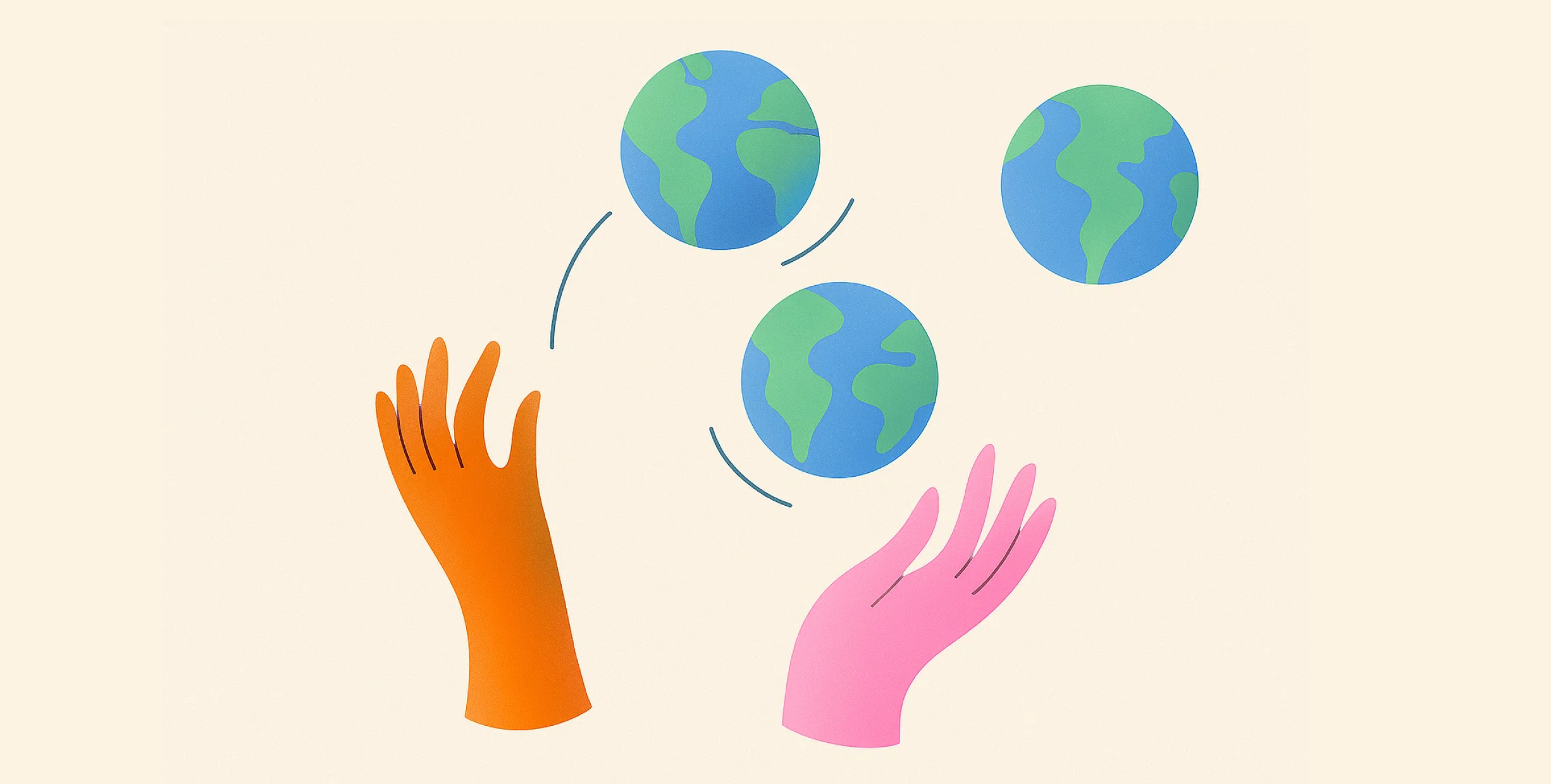 Graphic of two hands tossing three globes in the air.