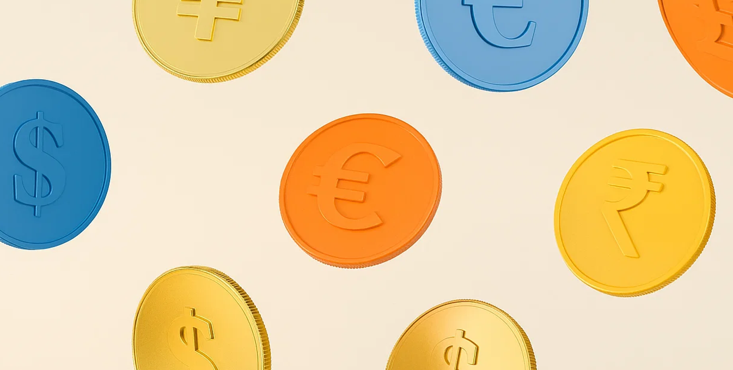 Colorful coins with currency symbols, including dollar, euro, rupee, and yen, float against a light background.