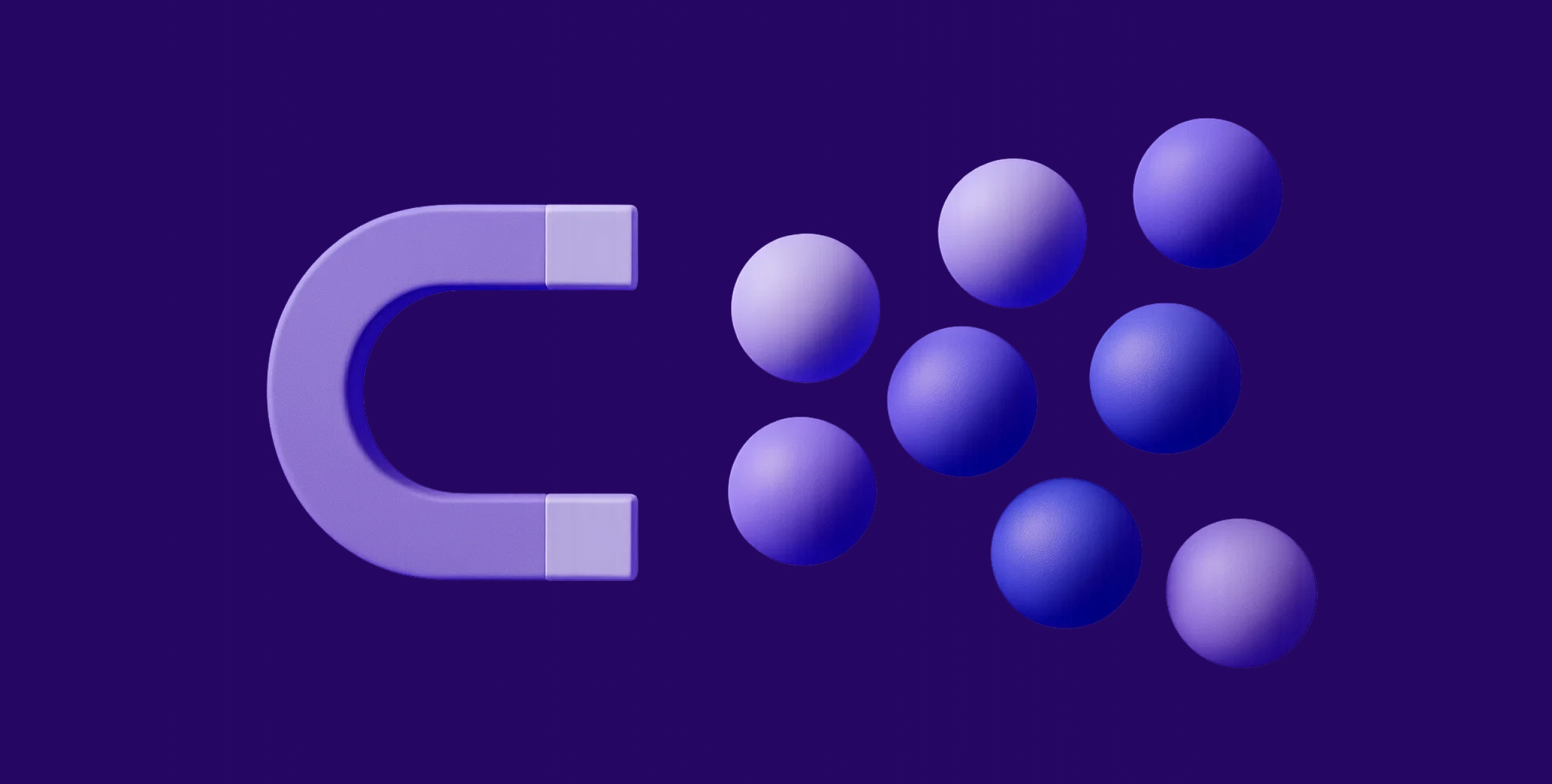 A purple magnet attracts eight purple spheres against a dark purple background.