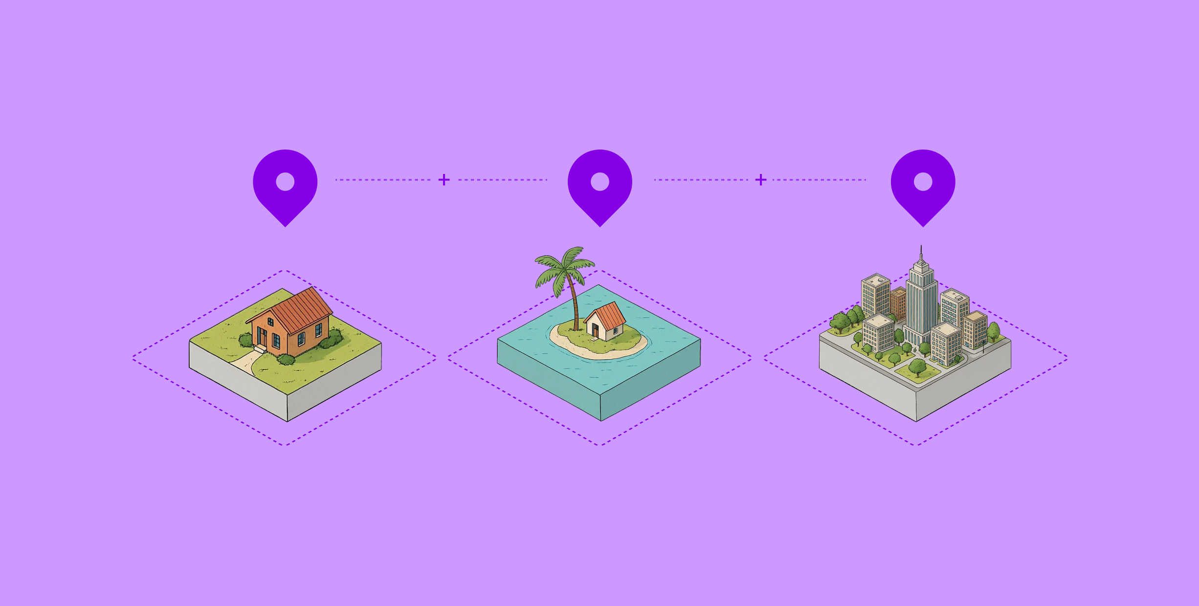 Icons of a house, island, and cityscape connected by dotted lines with map markers above, on a purple background.