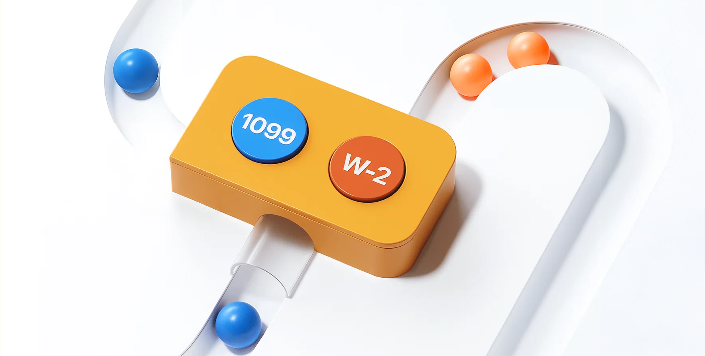 Graphic of a 1099 button and a W-2 button, each with tracks and colorful balls leading away from them.