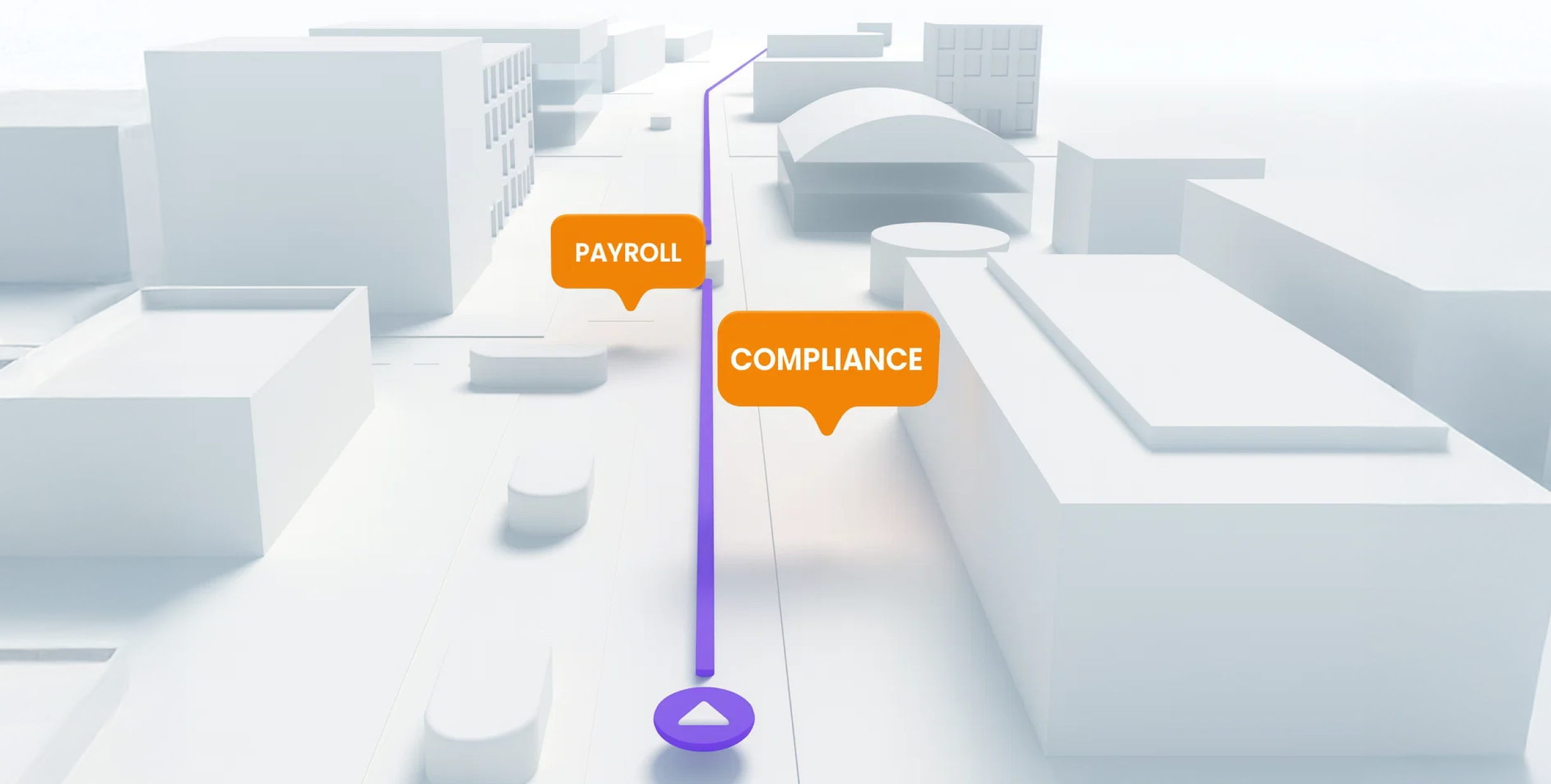 3D cityscape with a purple path labeled "Payroll" and "Compliance," indicating a route through abstract buildings.