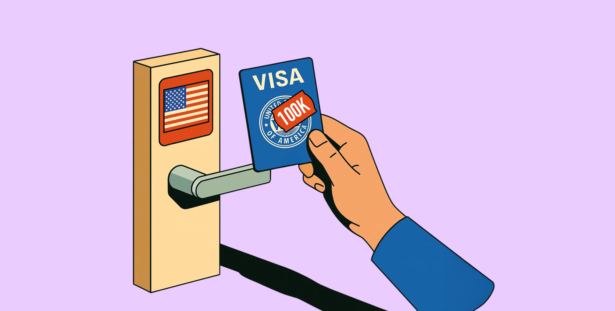 A hand holding a  card labeled "Visa" card with "100K" over a United States seal is about to scan it on a card reader with an American flag on it that's above a door handle.