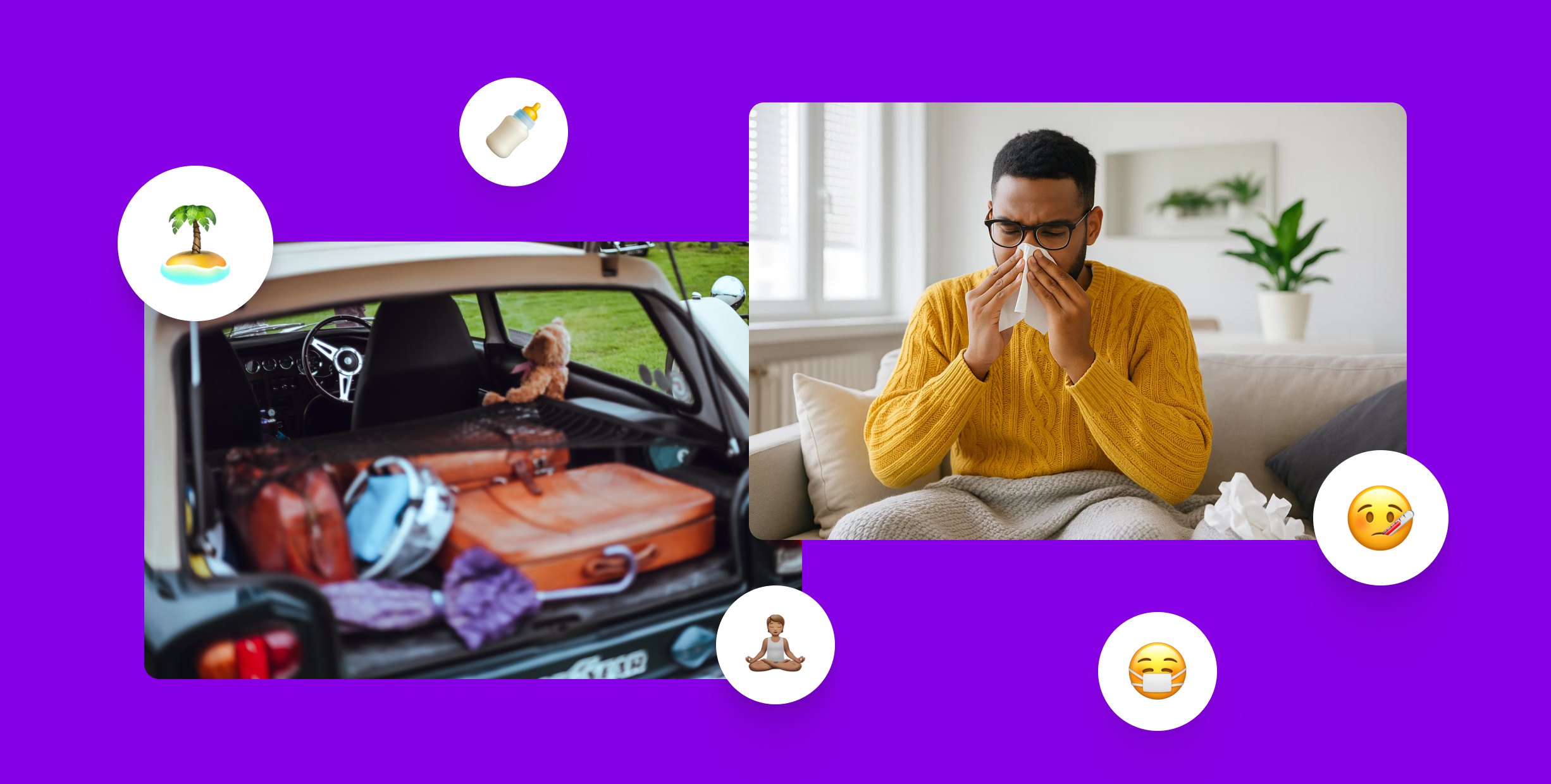 A person sneezing on a couch with a tissue, next to an open car trunk full of luggage. Emojis and icons are scattered around.