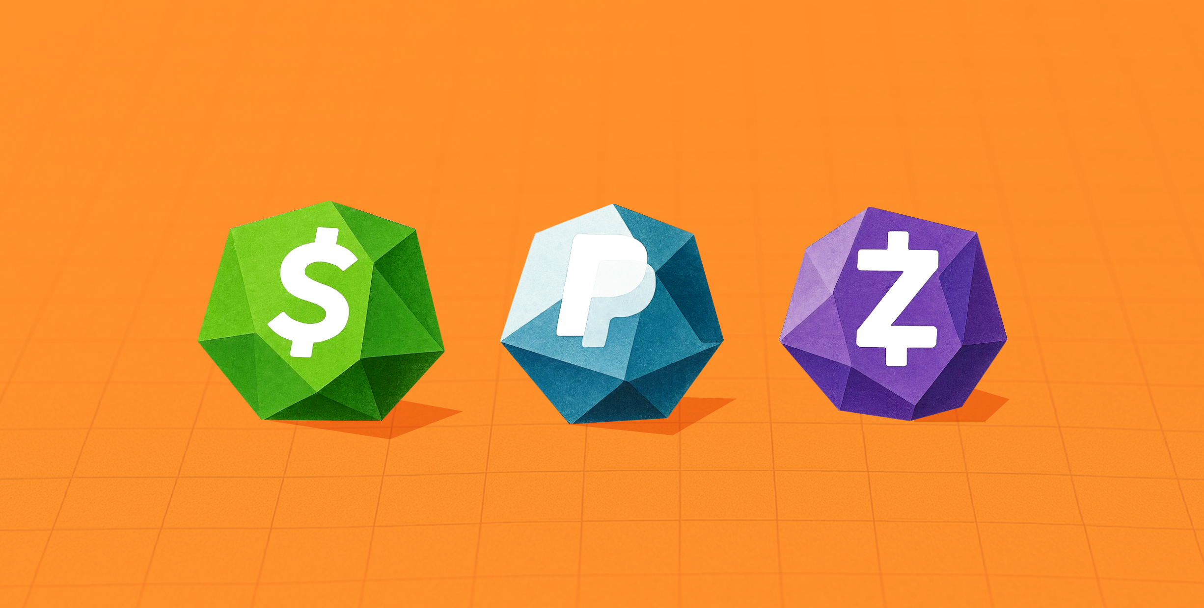 Three multi-sided blocks with a currency symbols and letters on them