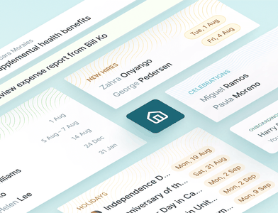 In the center is a house icon. Surrounding it are snippets of screenshots from the new Home Experience, including onboarding tasks, a list of team members who are away, a list of new hires, celebrations, and holidays.